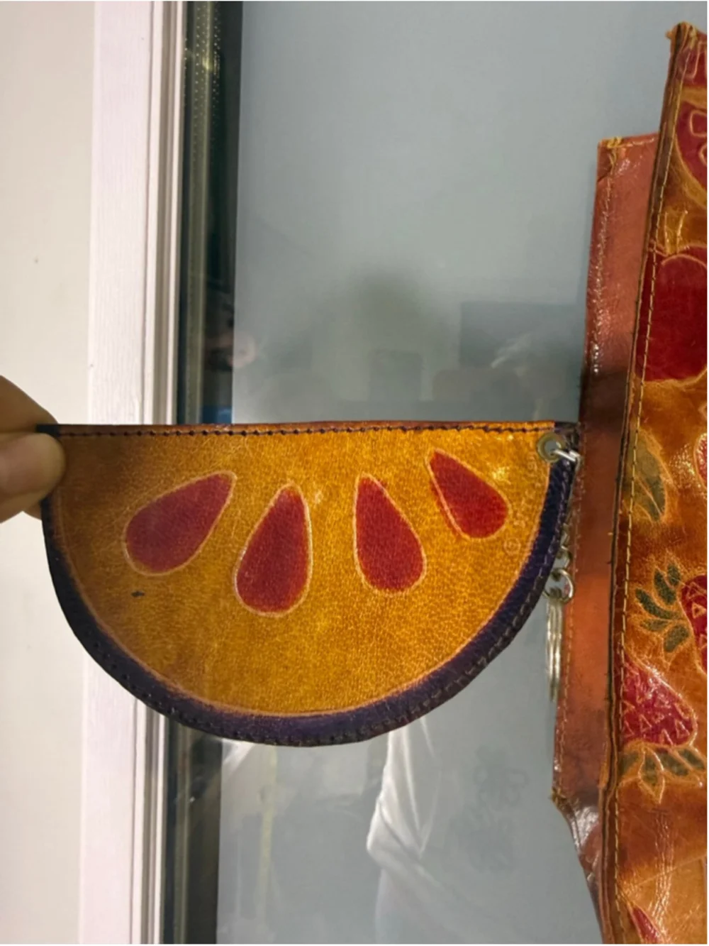 Vintage Fruit Embossed Leather Tote Bag with Coin Keychain
